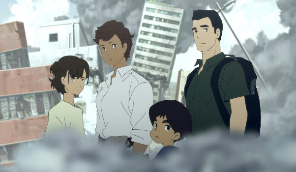 The Muto family with disaster around them in "Japan Sinks!" on Netflix