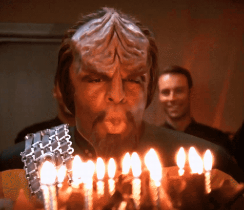 Worf of "Star Trek: The Next Generation" and "Star Trek: Deep Space Nine" blows out his birthday candles