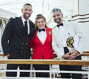 Captain Paolo Arrigo; Matt Mitcham, Cruise Director; and Ezra Freeman, Bartender