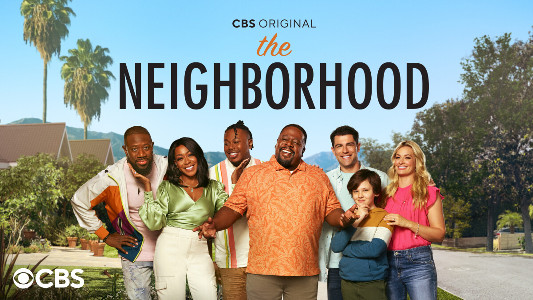 "The Neighborhood" key art Max Greenfield as Dave Johnson, Cedric the Entertainer as Calvin Butler, Beth Behrs as Gemma Johnson, Tichina Arnold as Tina Butler from the CBS series THE NEIGHBORHOOD, scheduled to air on the CBS Television Network. Photo: Chris Patey/CBS © 2022 CBS Broadcasting, Inc. All Rights Reserved.