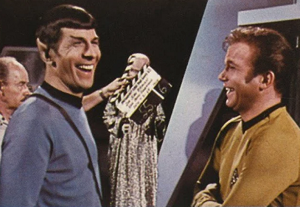 Leonard Nimoy (Spock) and William Shatner (Kirk) share a laugh between scenes in "Star Trek"