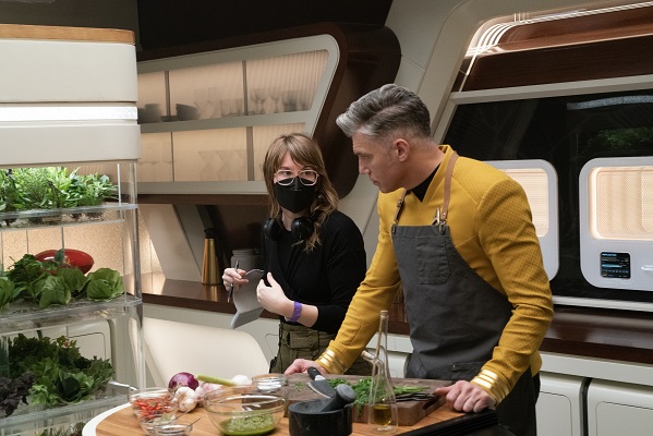Jordan Canning - Director and Anson Mount as Capt. Pike in episode 205 “Charades” of Star Trek: Strange New Worlds, streaming on Paramount+, 2023. Photo Cr: Michael Gibson/Paramount+
