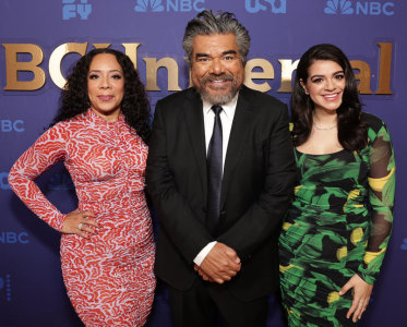 NBCUNIVERSAL EVENTS -- NBCUniversal Press Tour, January 15, 2023 -- Pictured: (l-r) NBC’s “Lopez vs. Lopez”, Selenis Leyva, George Lopez, Mayan Lopez -- (Photo by: Todd Williamson/NBCUniversal)