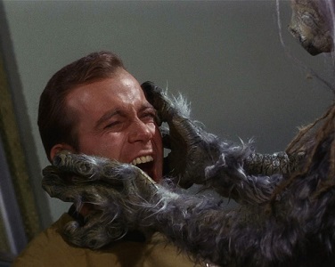 The M-113 Creature attacks Captain James T. Kirk, played by Canadian actor William Shatner, in a scene from 'The Man Trap,' the premiere episode of 'Star Trek,' which aired on September 8, 1966. The monster is alternately known as the Salt Creature or the Salt Vampire. (Photo by CBS Photo Archive)