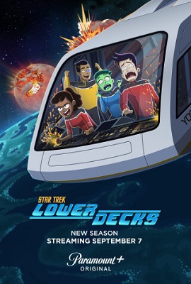 L-R Tawny Newsome as Ensign Mariner, Eugene Cordero as Ensign Rutherford, Noel Wells as Ensign Tendi and Jack Quaid as Ensign Brad Boimler appearing in season 4 key art of Lower Decks streaming on Paramount+, 2023. Photo Credit: Paramount+