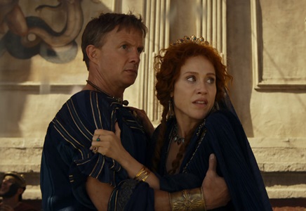 THOSE ABOUT TO DIE -- Episode 105 -- Pictured: (l-r) Rupert Penry-Jones as Consul Marsus, Gabriella Pession as Antonia -- (Photo by: PEACOCK)