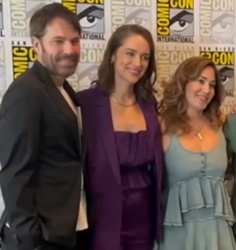 Tim Rozon, Melanie Scrofano and Emily Andras of "Wyatt Earp: Vengeance" on Tubi - San Diego Comic-Con 2024 (screengrab from Andras' video on Instagram)