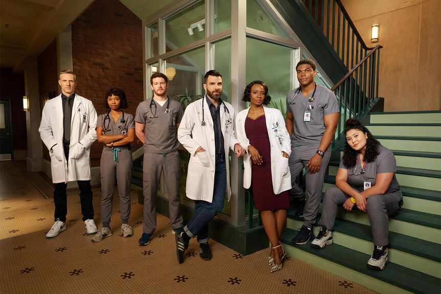 BRILLIANT MINDS -- Season: 1 -- Pictured: (l-r) Alex MacNicoll as Dr. Van Markus, Ashleigh LaThrop as Dr. Ericka Kinney, Tamberla Perry as Dr. Carol Pierce, Zachary Quinto as Dr. Oliver Wolf, Teddy Sears as Dr. Josh Nichols, Aury Krebs as Dr. Dana Dang, Spence Moore II as Dr. Jacob Nash -- (Photo by: Brendan Meadows/NBC)