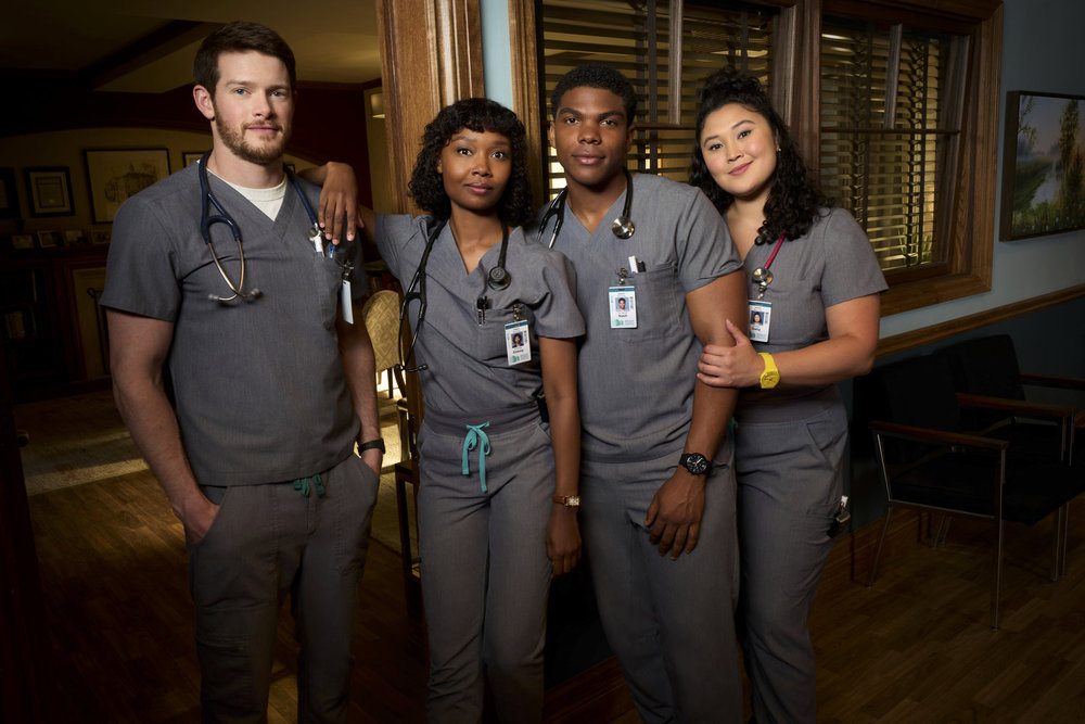 BRILLIANT MINDS -- Season: 1 -- Pictured: (l-r) Alex MacNicoll as Dr. Van Markus, Ashleigh LaThrop as Dr. Ericka Kinney, Spence Moore II as Dr. Jacob Nash, Aury Krebs as Dr. Dana Dang -- (Photo by: Brendan Meadows/NBC)