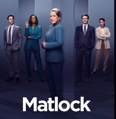 Kathy Bates, Jason Ritter, Leah Lewis, David Del Rio, and Skye P. Marshall of "Matlock" on CBS (key art)