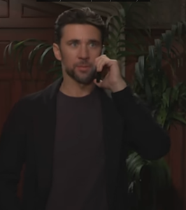 Cane (Billy Flynn) on the phone 2/20/26 on Y&R on CBS (screencap)