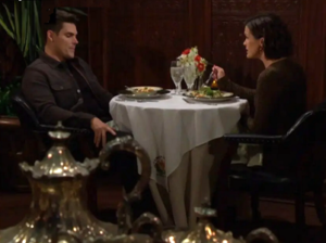 Adam (Mark Grossman) and Chelsea (Melissa Claire Egan) have dinner on "Young and the Restless" on CBS/Paramount+ (pic from screencap)