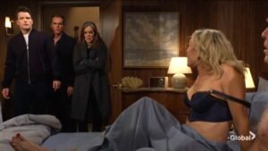 Kyle (Michael Mealor), Billy (Jason Thompson) and Diane (Susan Walters) catch Patti (Stacy Haiduk) and Jack (Peter Bergman) in bed on "The Young and The Restless" on CBS/Paramount+.